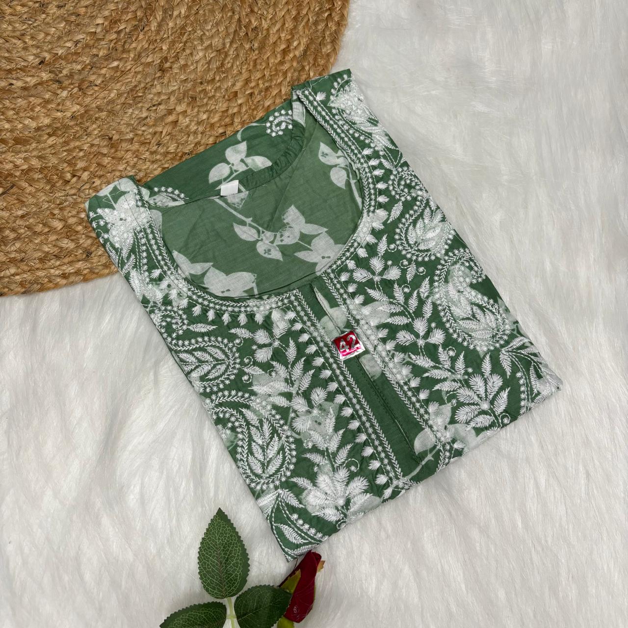 Mulmul Cotton Chikankari Machine Work Kurti -Dark Green Colour - Chikankaar