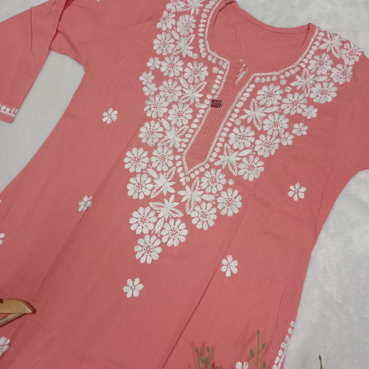 Pure Cotton Chikankari Handwork Kurti - Peach Colour - Chikankaar