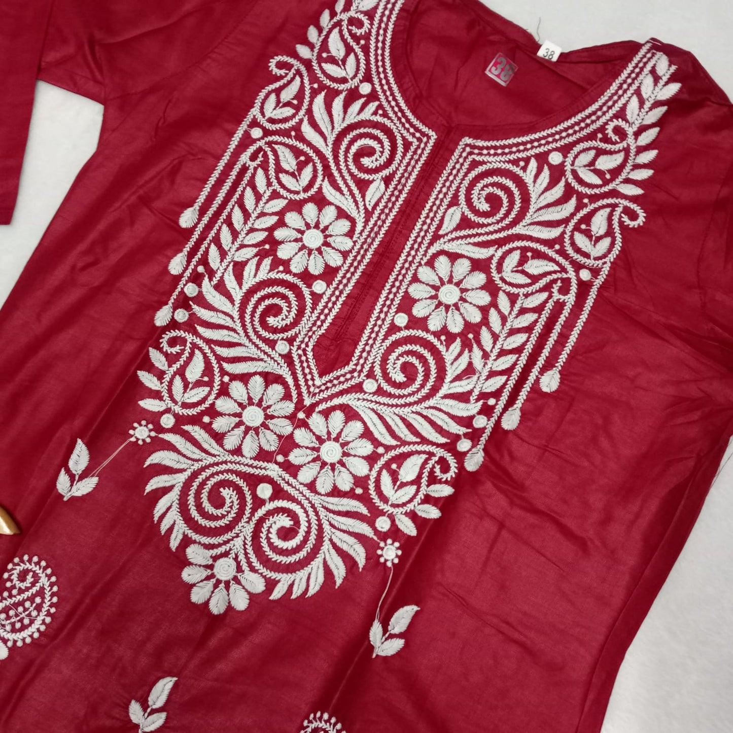 Rayon Chikankari Machine Work Kurti Plazo Set- Red Colour - Chikankaar