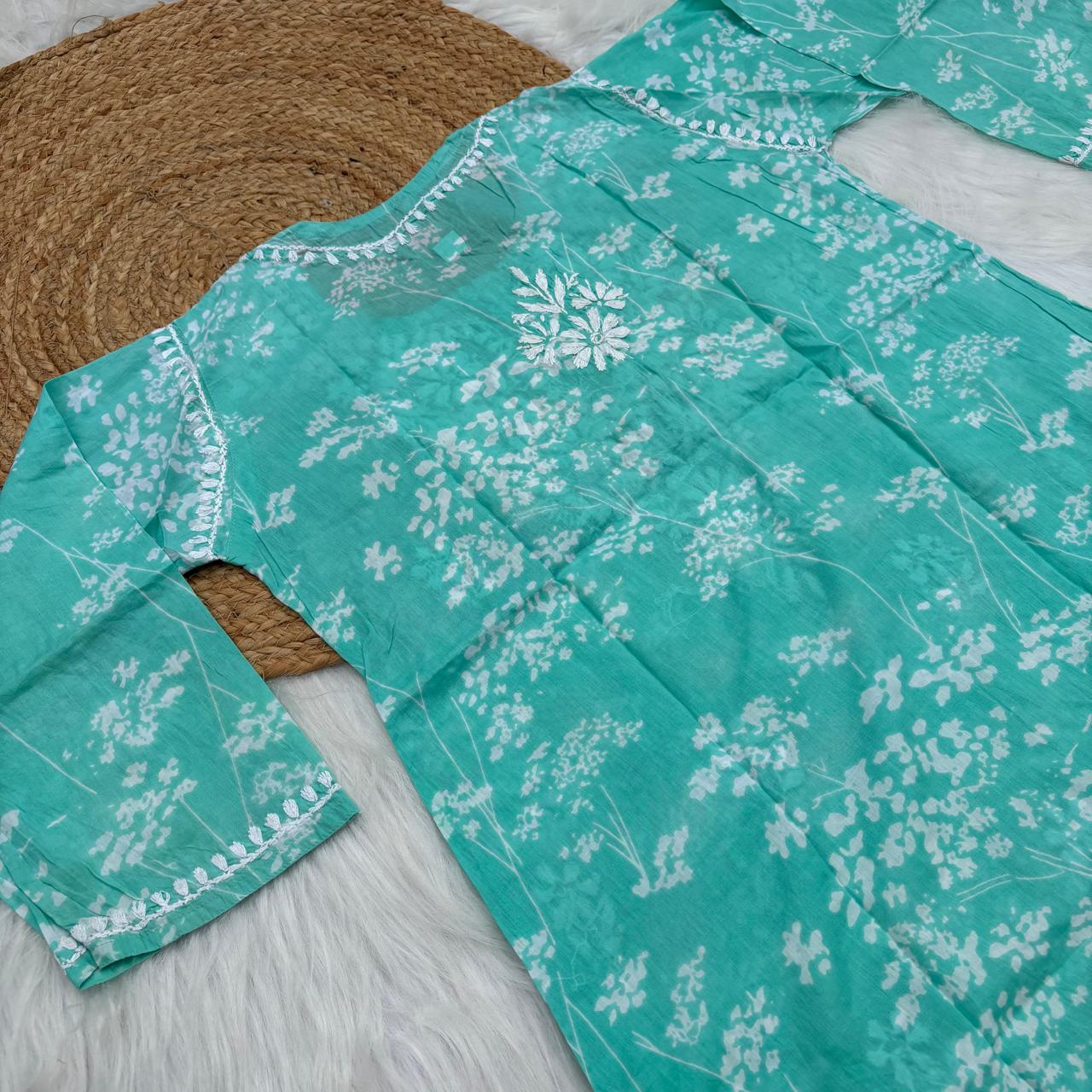 Malika Pure Mulmul Cotton Short Kurti - Sea green Colour