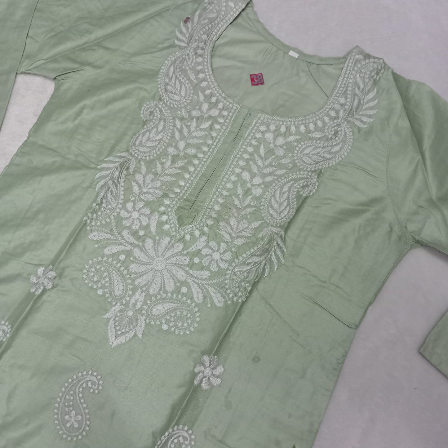 Rayon Chikankari Machine Work Kurti Plazo Set- Pista Colour - Chikankaar
