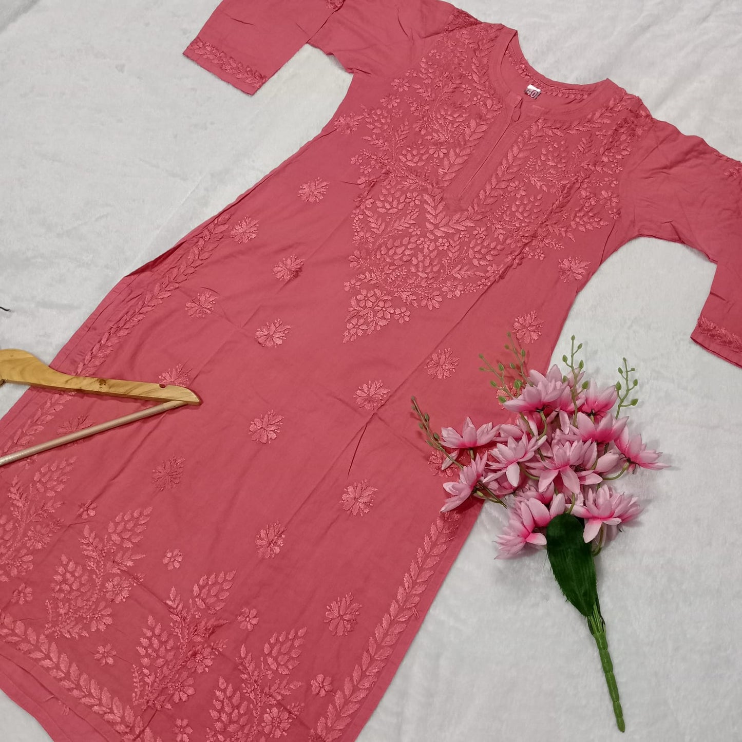 EXCLUSIVE PURE COTTON CHIKANKARI DYED KURTI - GAZRI COLOUR - Chikankaar