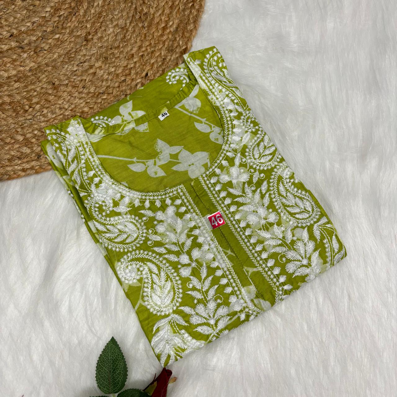Mulmul Cotton Chikankari Machine Work Kurti -Parrot Green Colour - Chikankaar