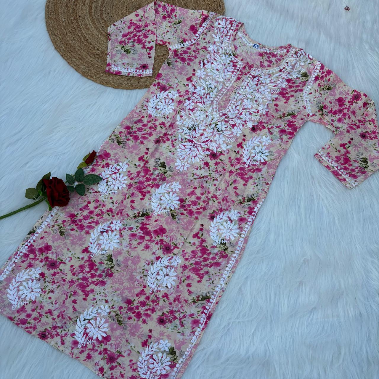 Fatima Pure Mulmul Chikankari Handwork Kurti - Pink Colour - Chikankaar