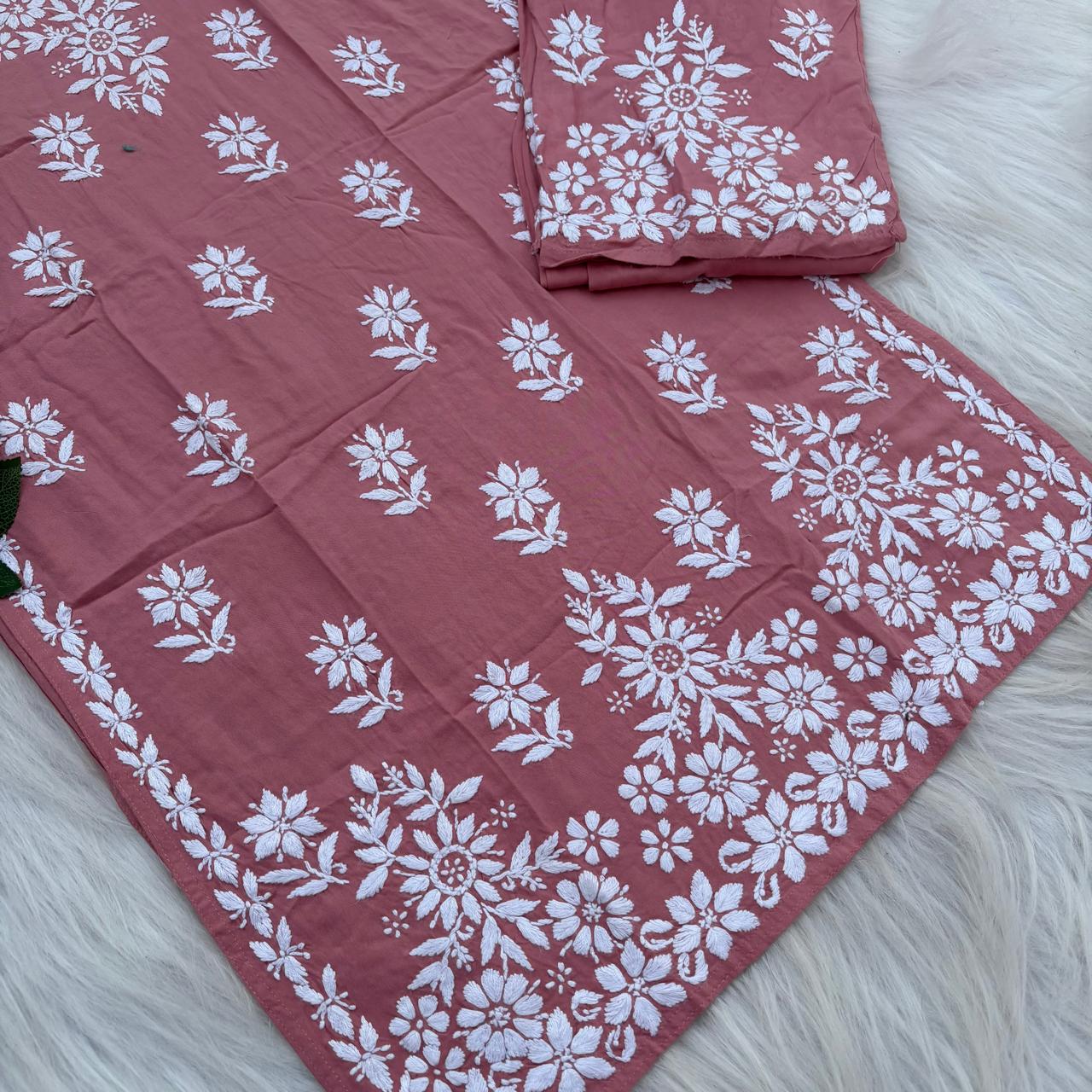 Maya Rayon Chikankari Kurti Plazo Set - Blush Colour