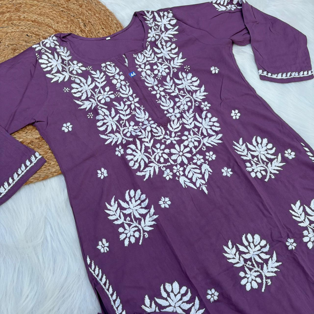 Jannat Soft Rayon Chikankari Kurti Plazo Set - Mauve colour - Chikankaar