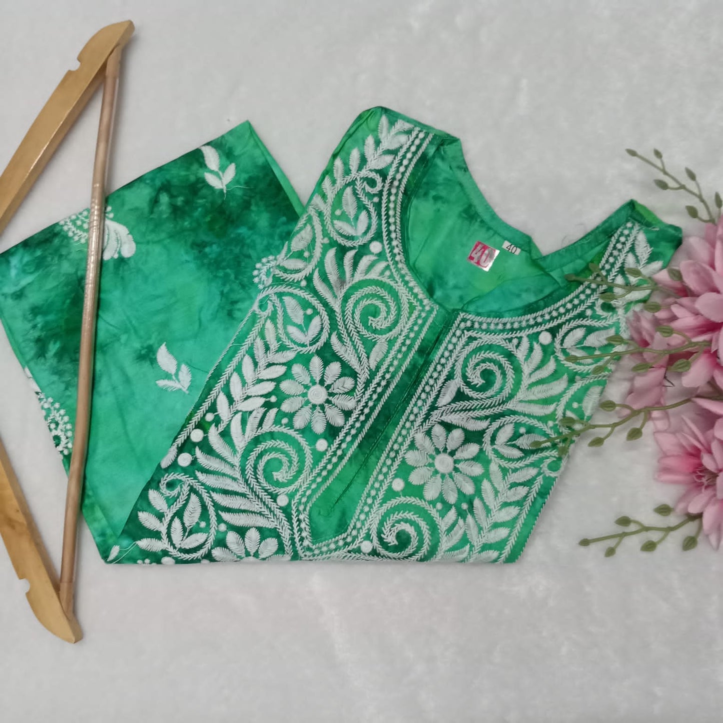 Rayon Tie & Dye Chikankari Machine Work Kurti -Sea Green Colour - Chikankaar