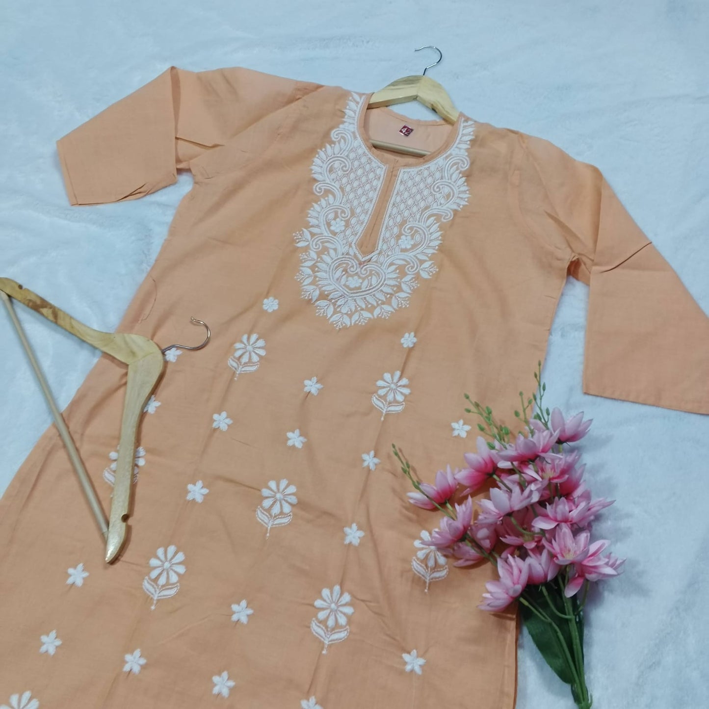 COTTON MACHINE WORK CHIKANKARI KURTI - PEACH COLOUR - Chikankaar