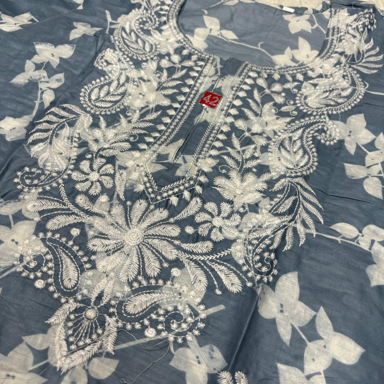 Mulmul Cotton Chikankari Machine Work Kurti -Grey Colour - Chikankaar