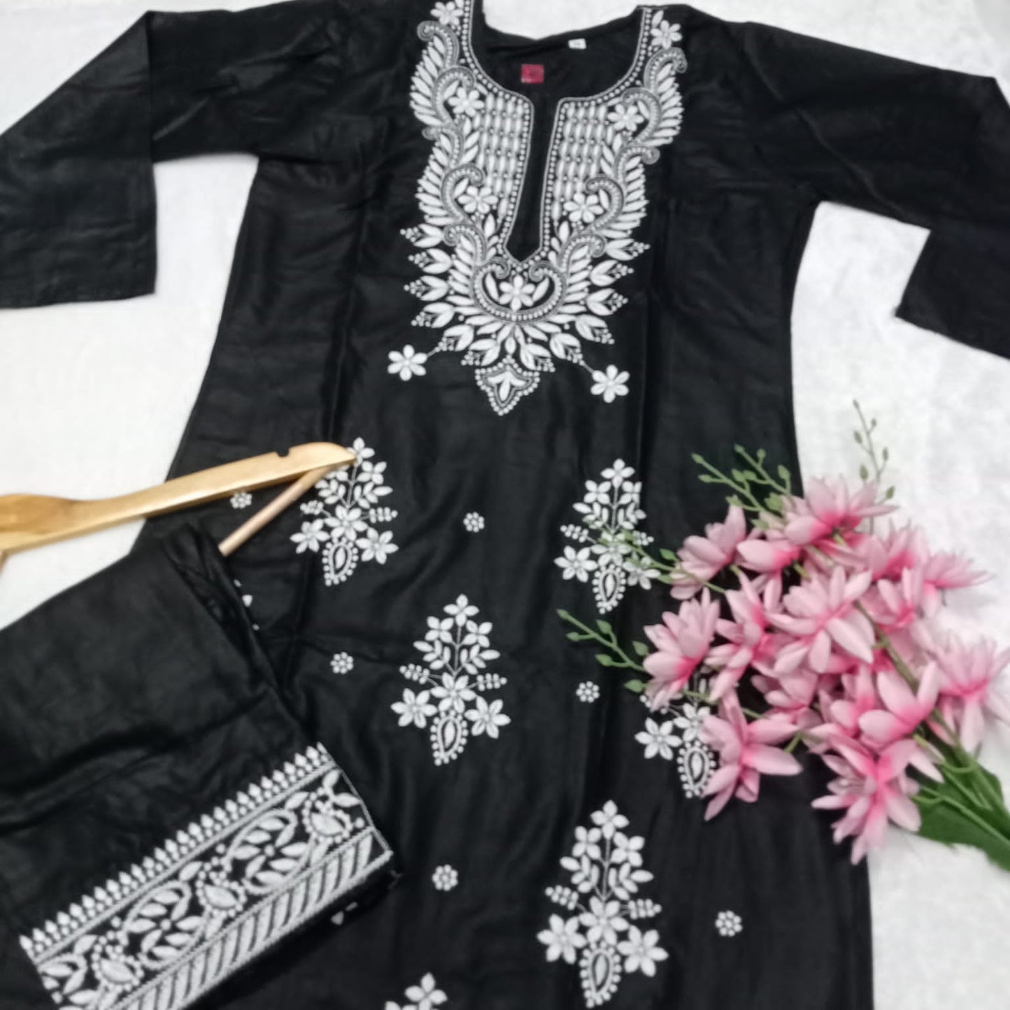 Rayon Chikankari Machine Work Kurti Plazo Set- Black Colour - Chikankaar