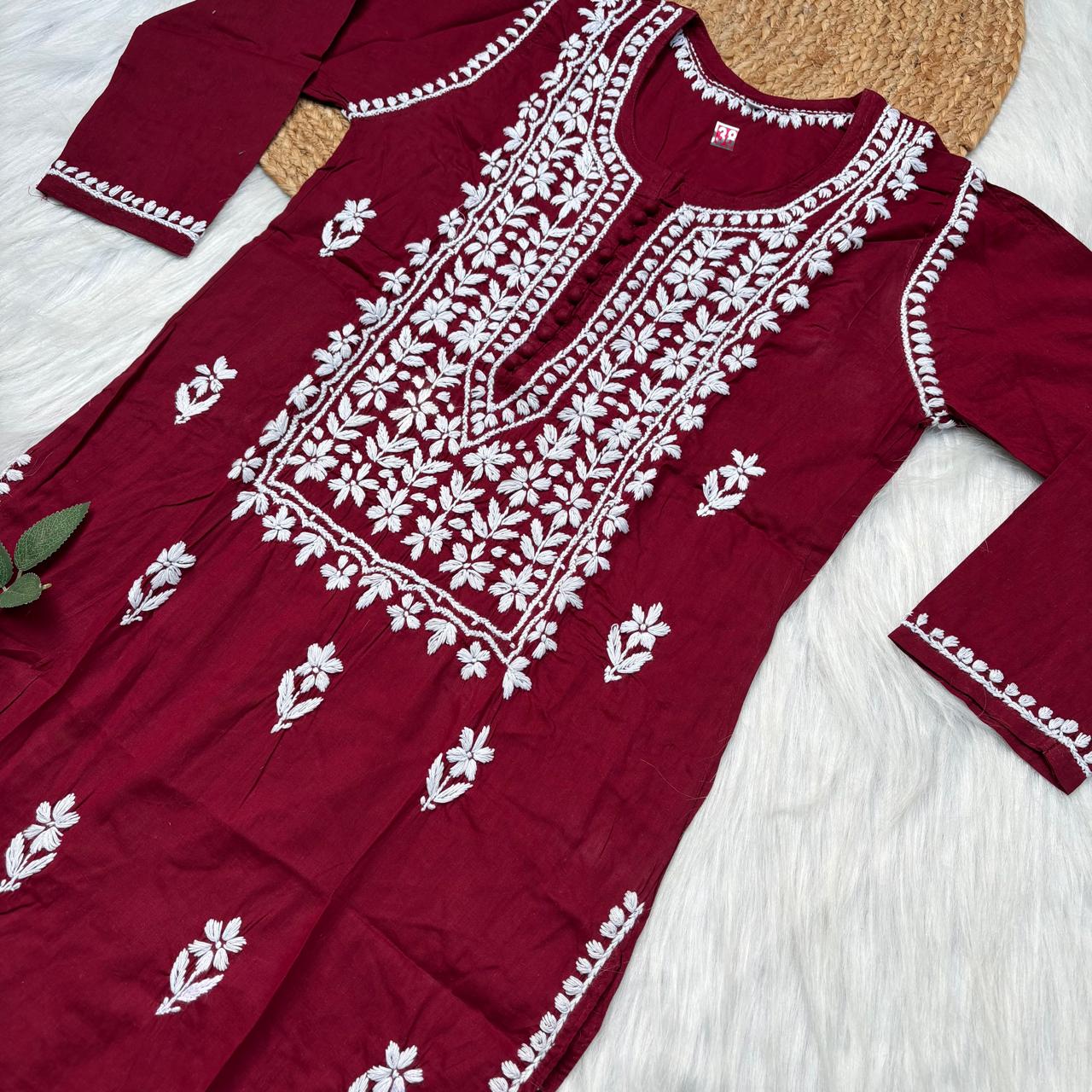 Shanaya Pure Cotton Chikankari Kurti Maroon Colour