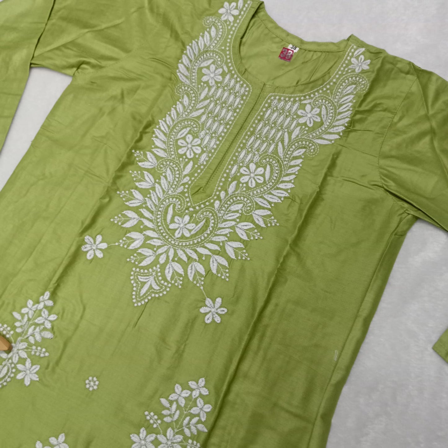 Rayon Chikankari Machine Work Kurti Plazo Set- Parrot Green Colour - Chikankaar