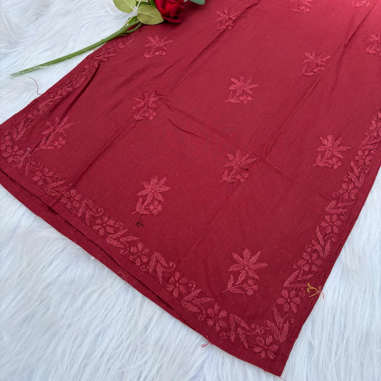 Sadia Dobby Cotton Ombre Shaded Chikankari Kurti with Collar - Red Colour