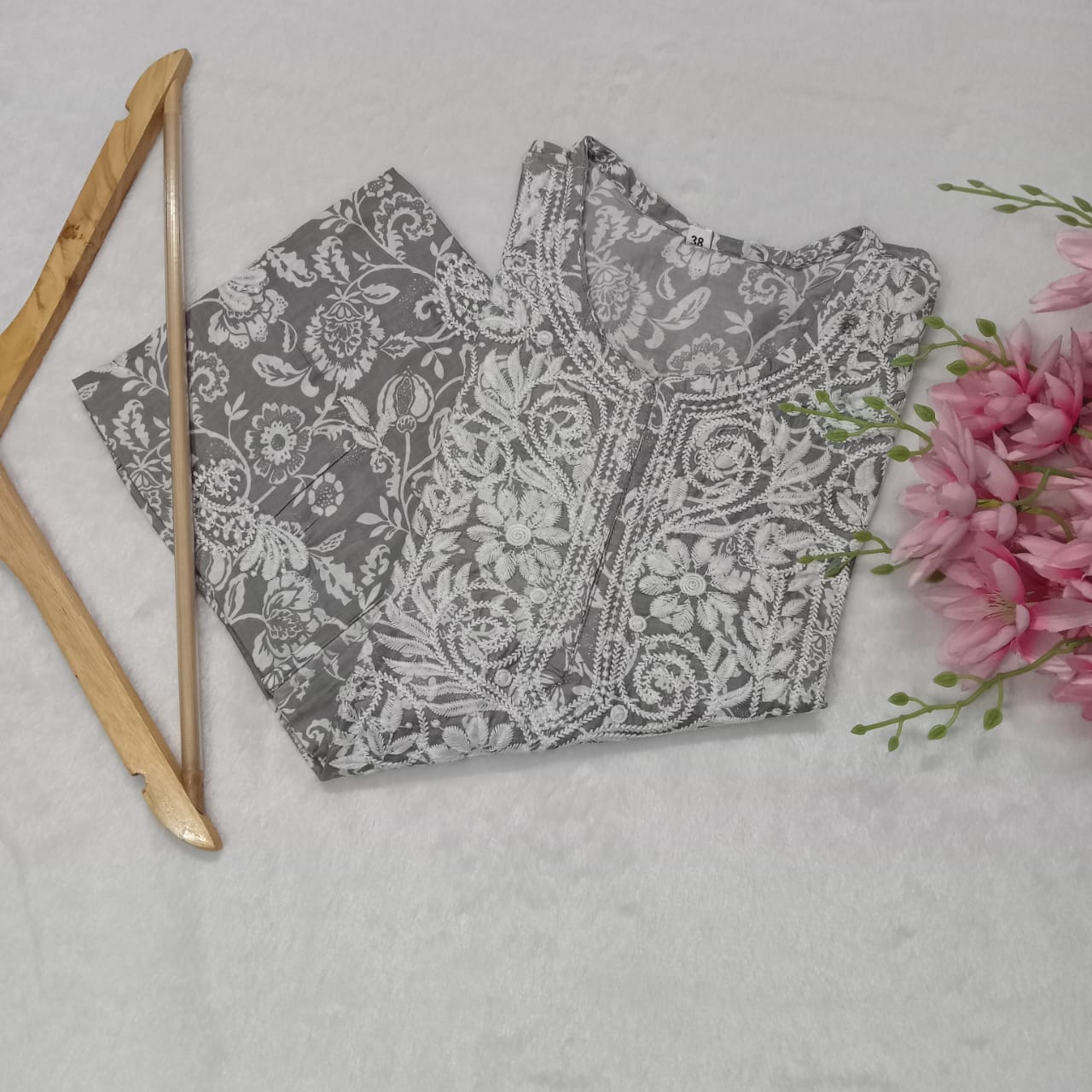 Mulmul Cotton Chikankari Machine Work Kurti - Grey Colour - Chikankaar