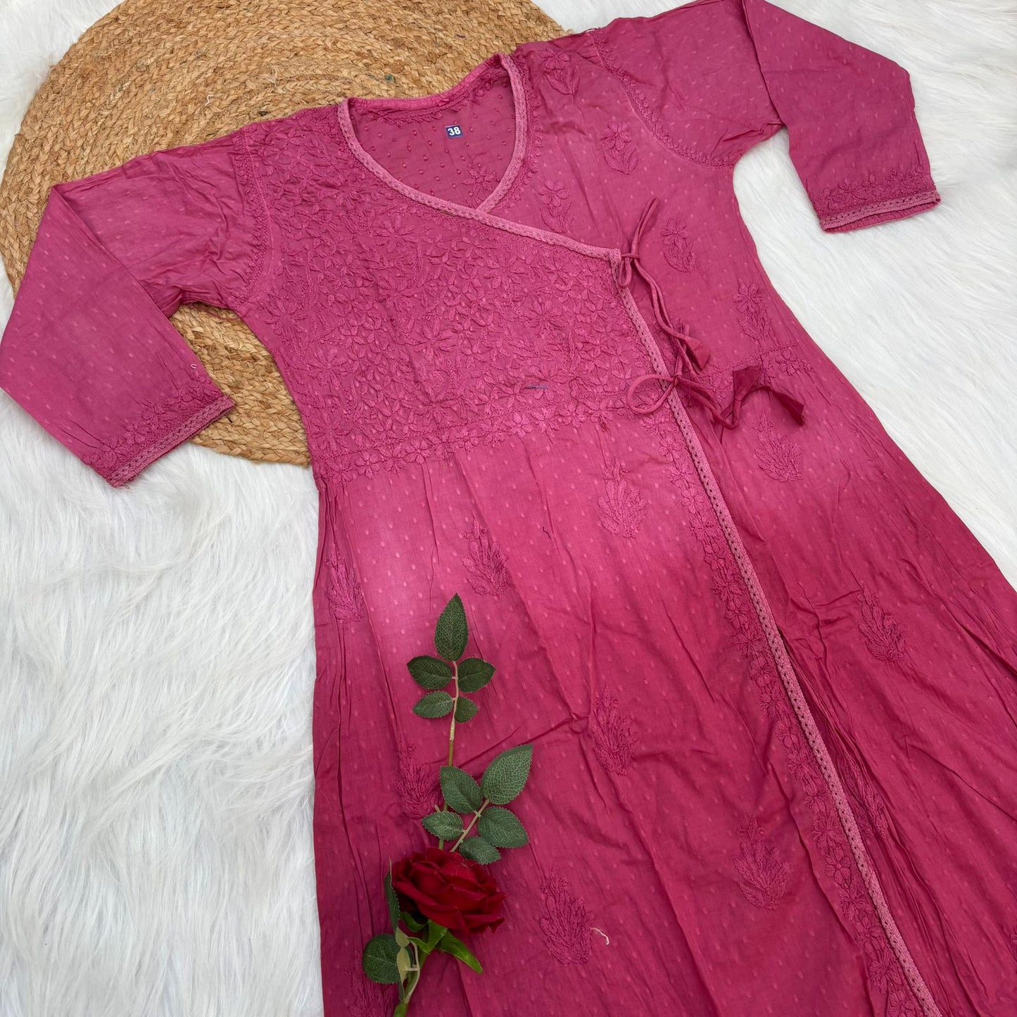 Shazia Ombre Shaded Dobby Cotton Chikankari Angarakha - Magenta Colour