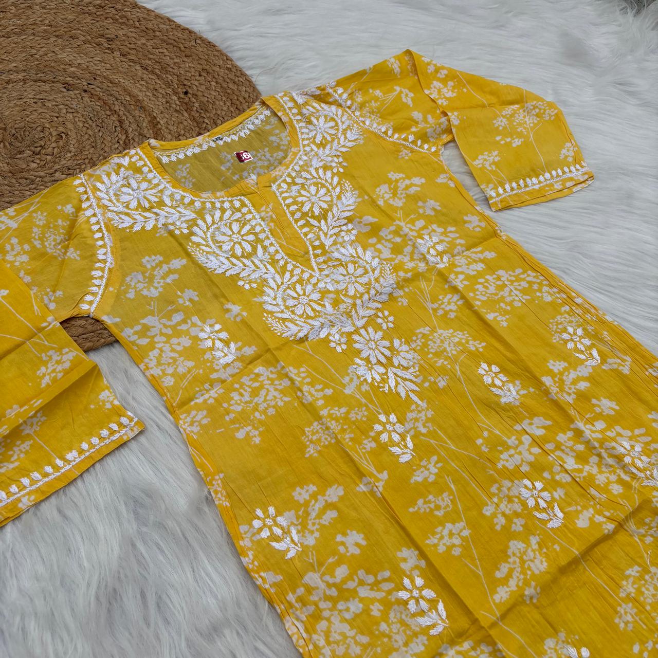 Malika Pure Mulmul Cotton Short Kurti - Yellow Colour