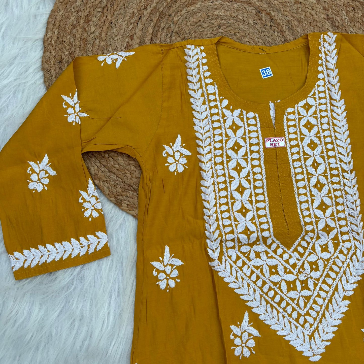 Afana Silk Chikankari Kurti Plazo set Yellow Colour