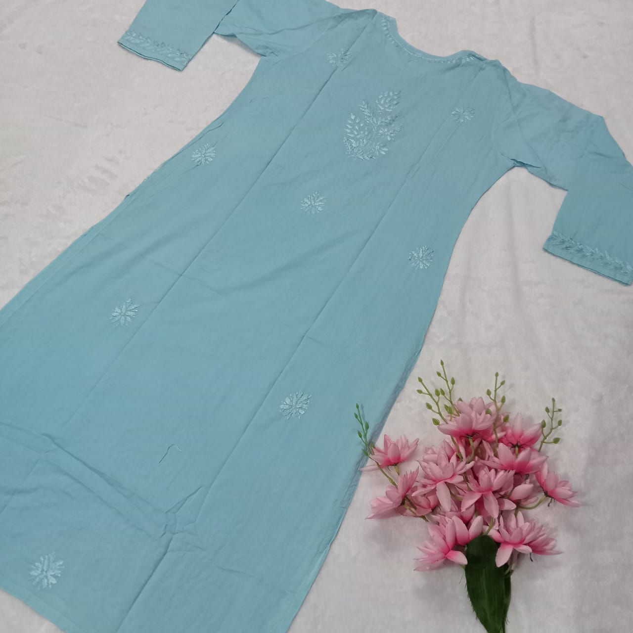 Exclusive Pure Cotton Chikankari Dyed Kurti -Blue Colour - Chikankaar
