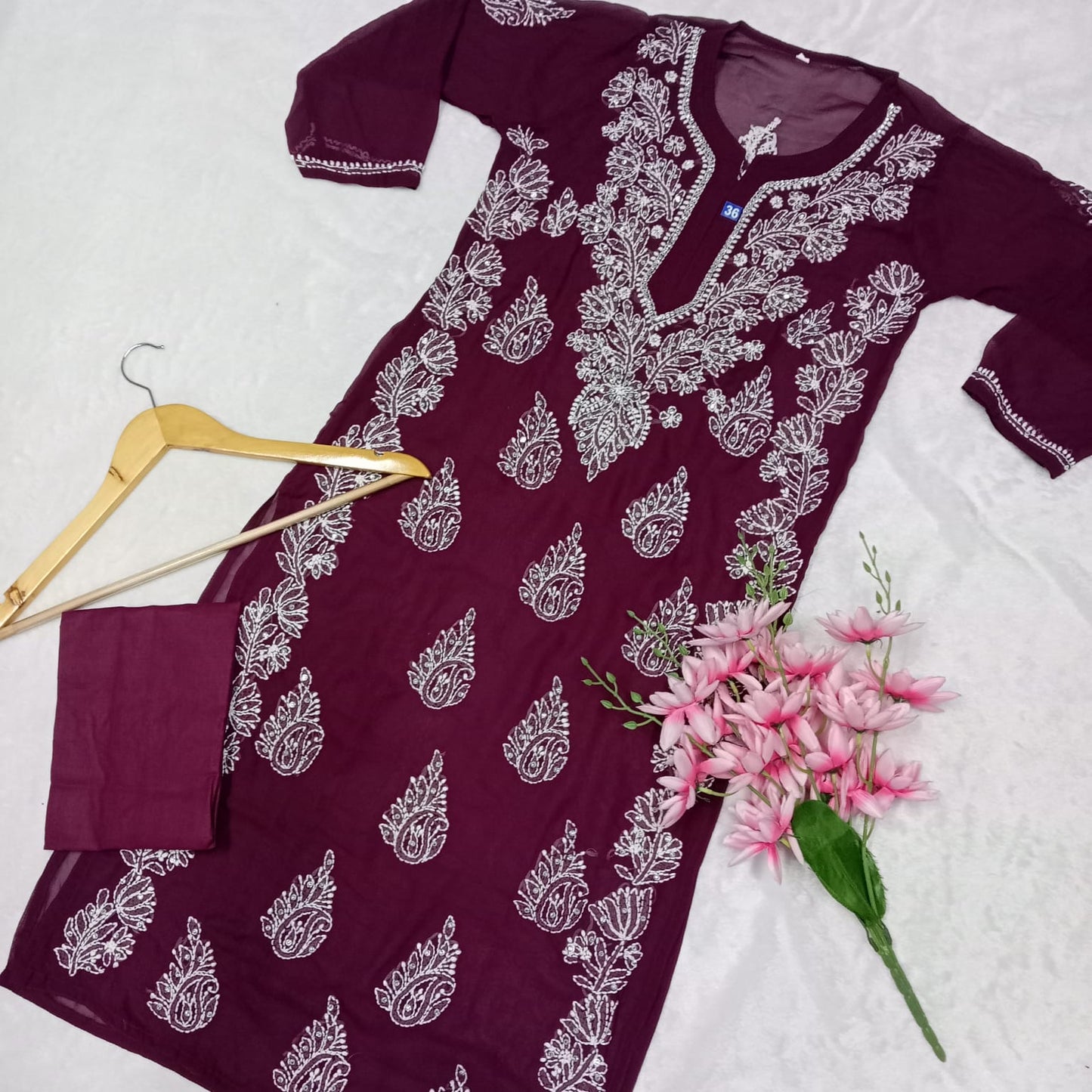 Stone Work Georgette Chikankari Kurti -Wine Colour - Chikankaar
