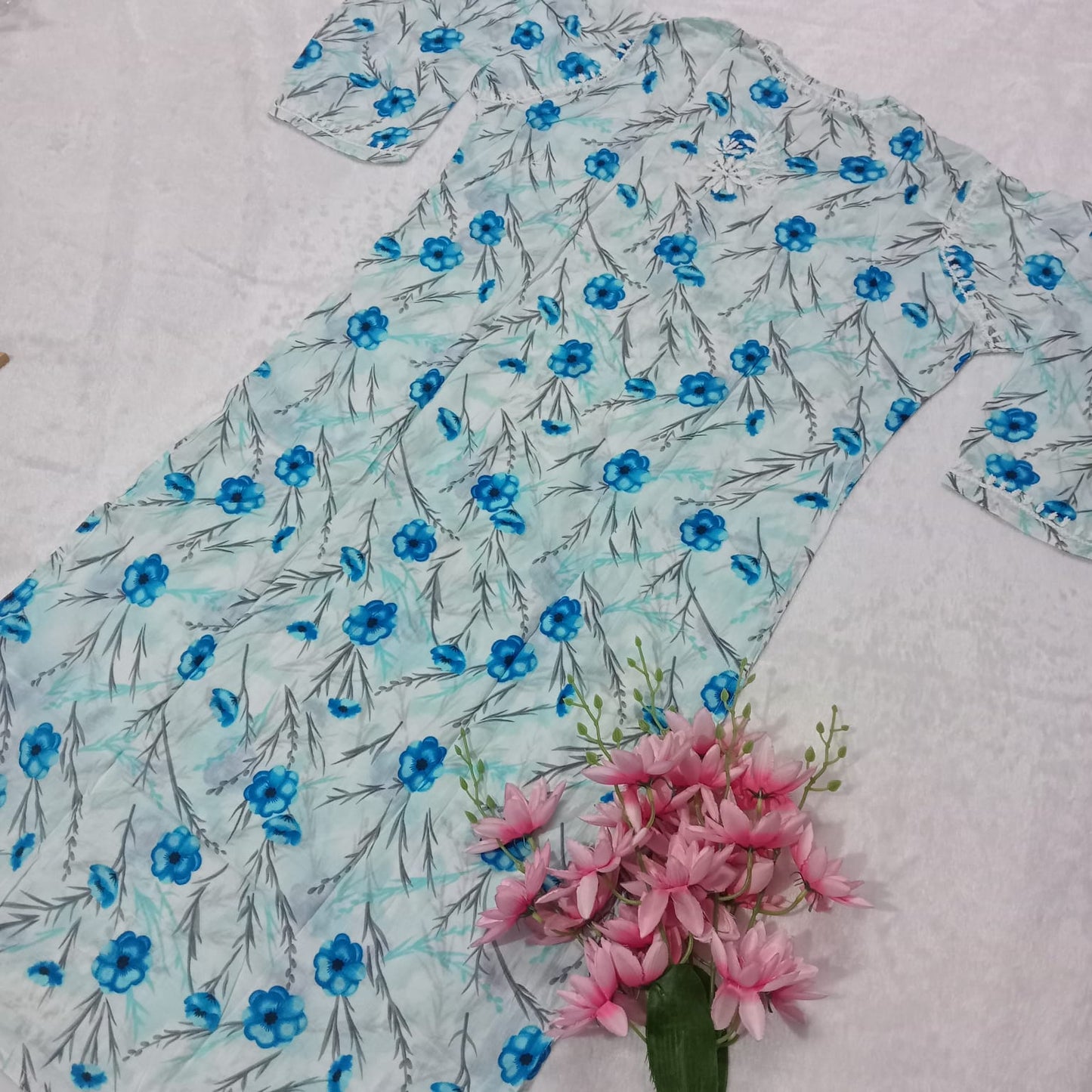 Pure Mulmul Cotton Chikankari Kurti With Floral Print -Blue Colour - Chikankaar