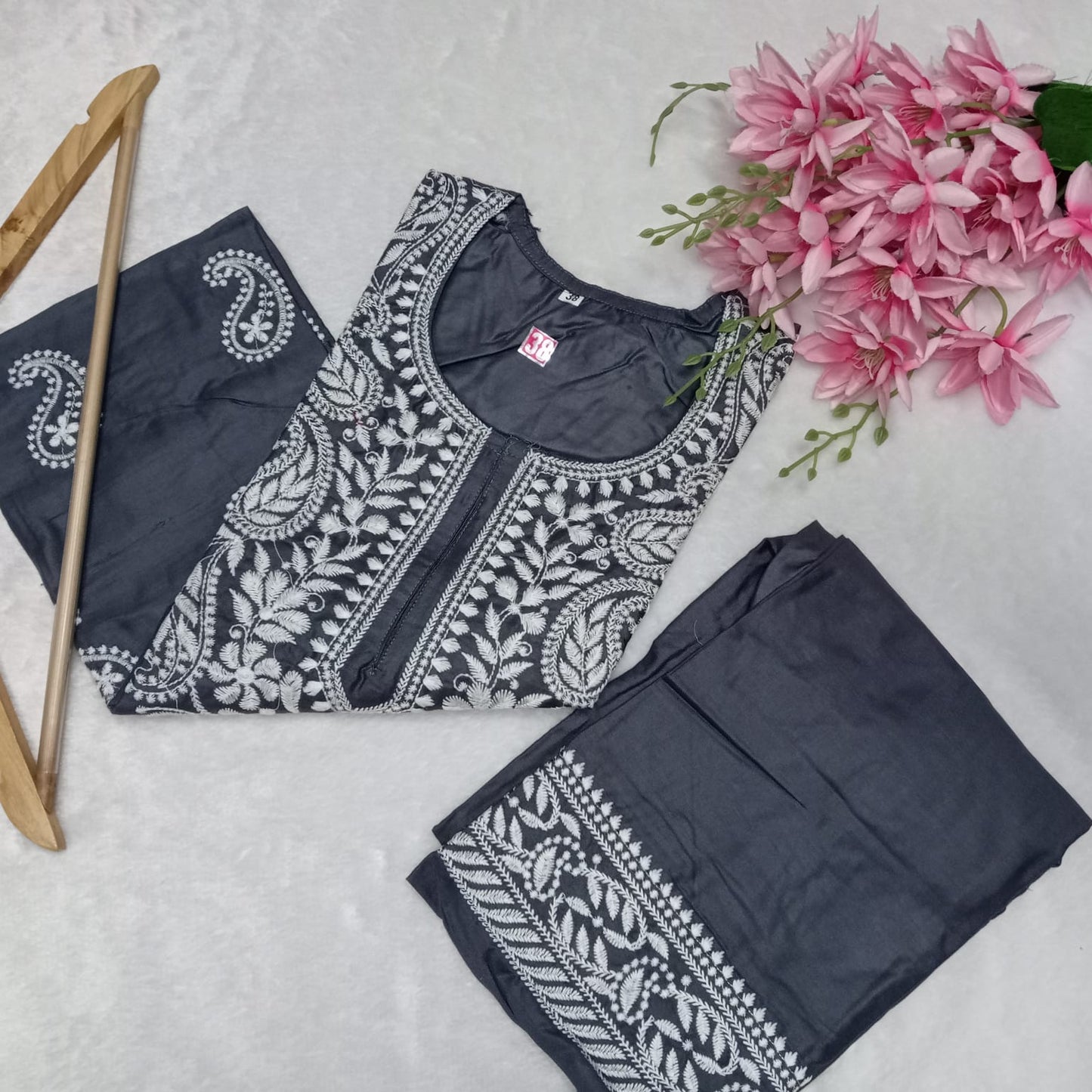 Rayon Chikankari Machine Work Kurti Plazo Set- Grey Colour - Chikankaar