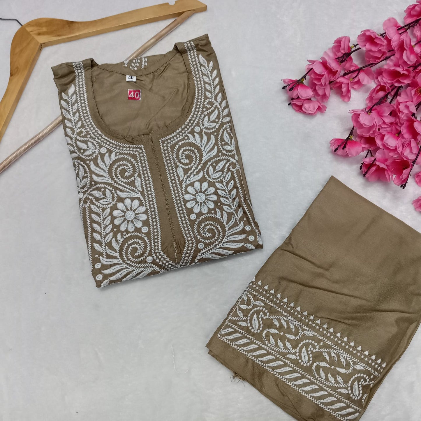 Rayon Chikankari Machine Work Kurti Plazo Set- Brown Colour - Chikankaar