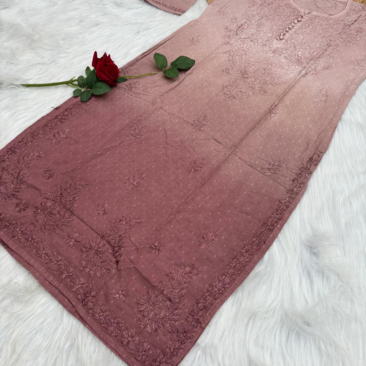 Farah Ombre Shaded Dobby Cotton Chikankari Kurti - Brown colour