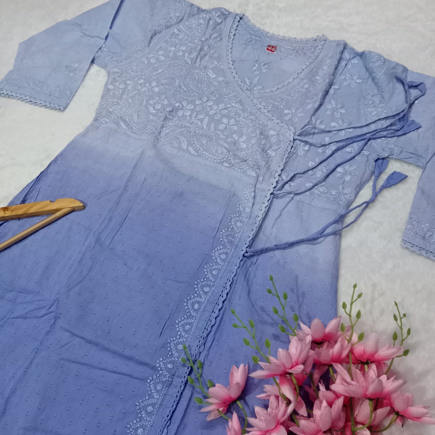 Ombre Shaded Dobby Cotton Chikankari Angarakha -Ocean Blue Colour - Chikankaar
