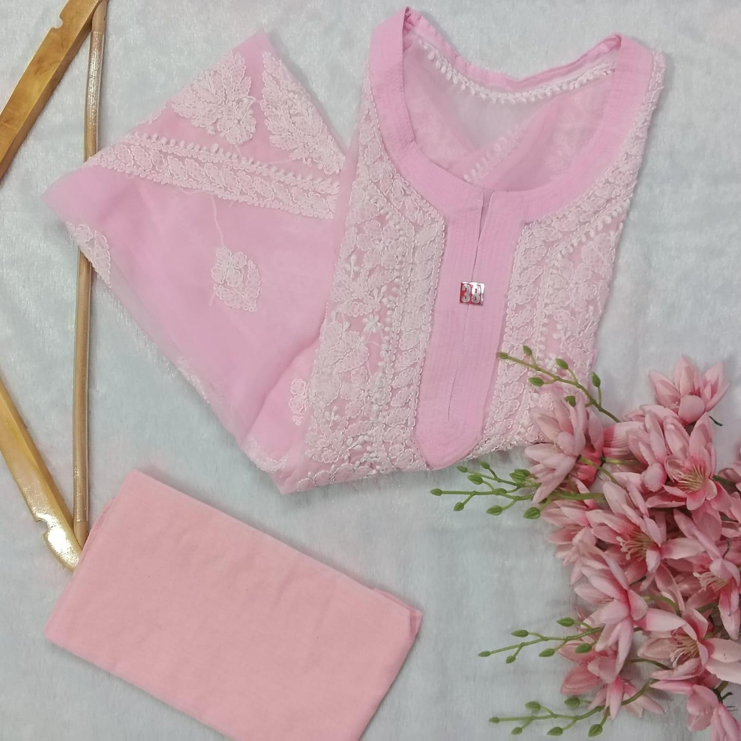 Graceful Georgette Chikankari Cross Panel Kurti With Inner - Baby Pink - Chikankaar