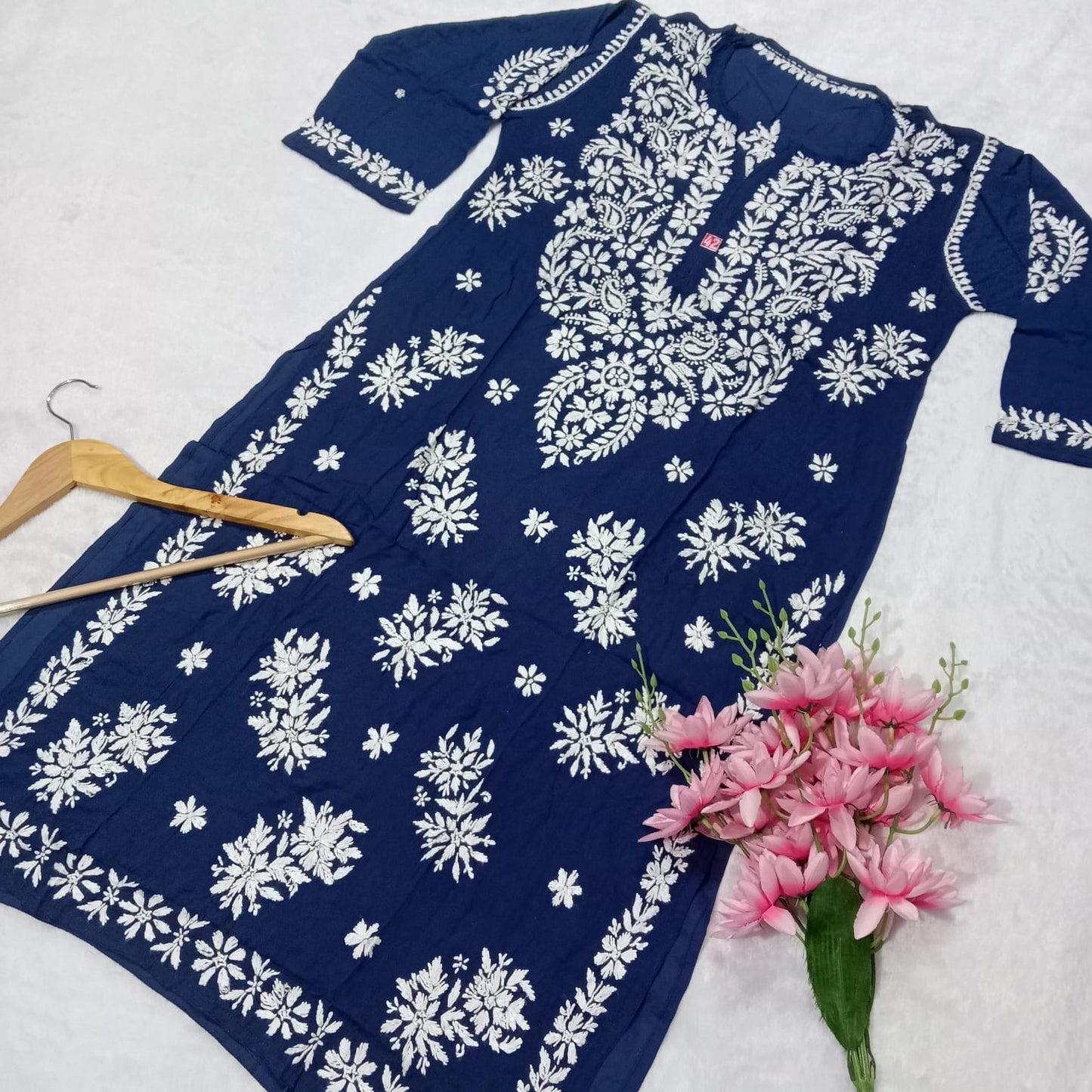 PREMIUM MODAL SILK CHIKANKARI KURTI - BLUE COLOR - Chikankaar
