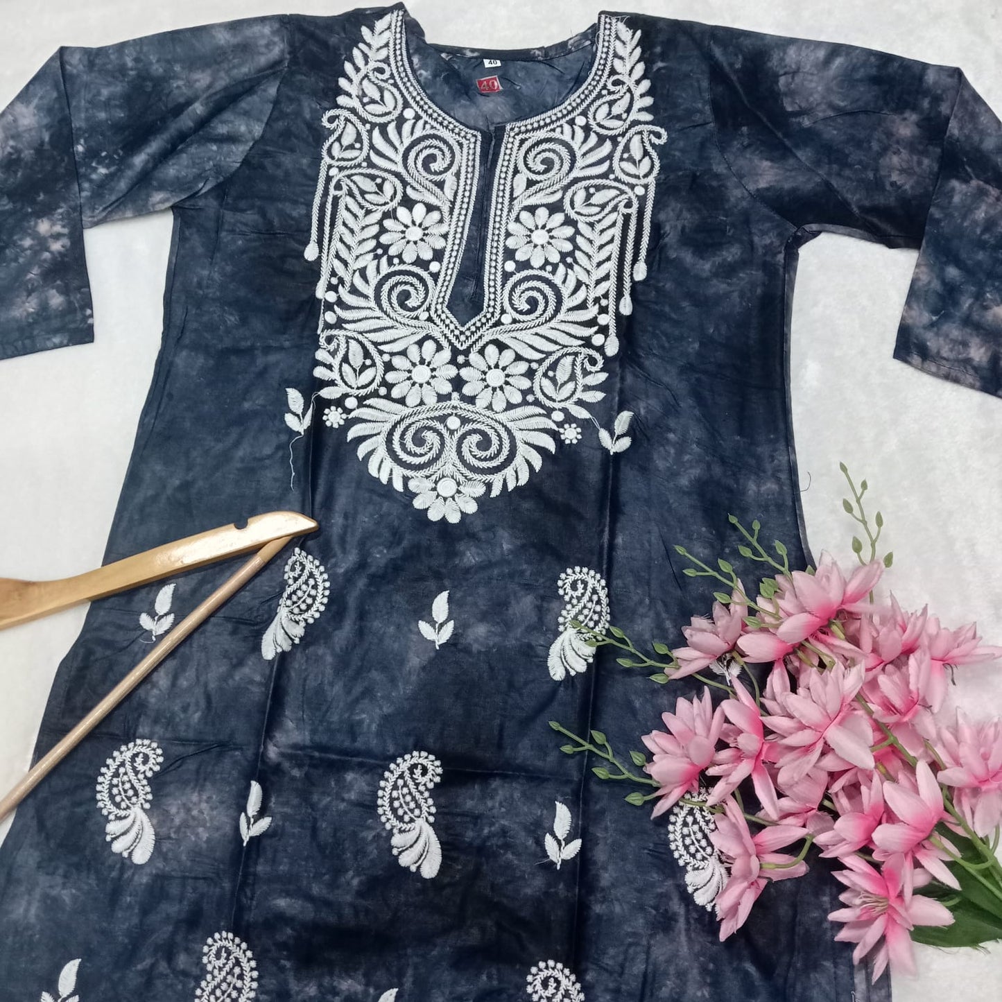Rayon Tie & Dye Chikankari Machine Work Kurti- Smoke Blue Colour - Chikankaar
