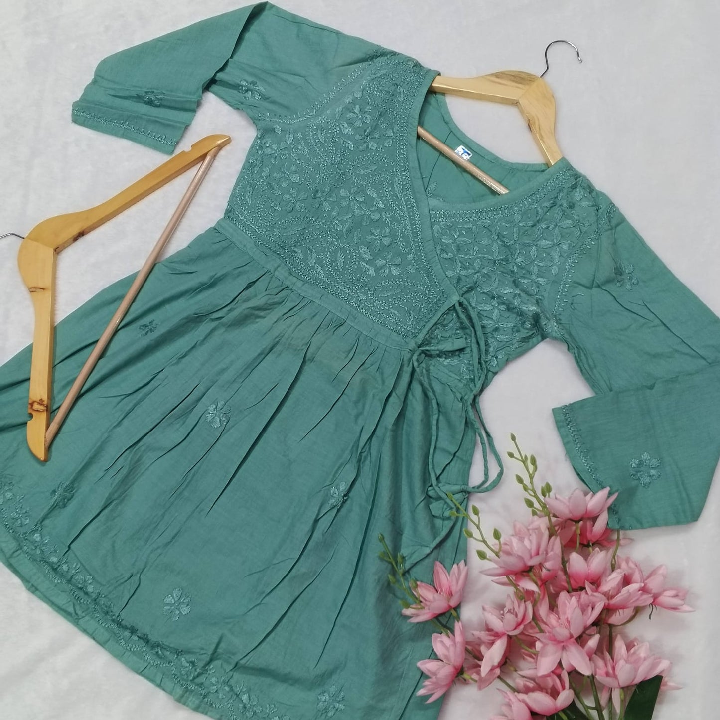 Dobby Cotton Chikankari
Short Angarakha Gown - Dark Green Colour - Chikankaar