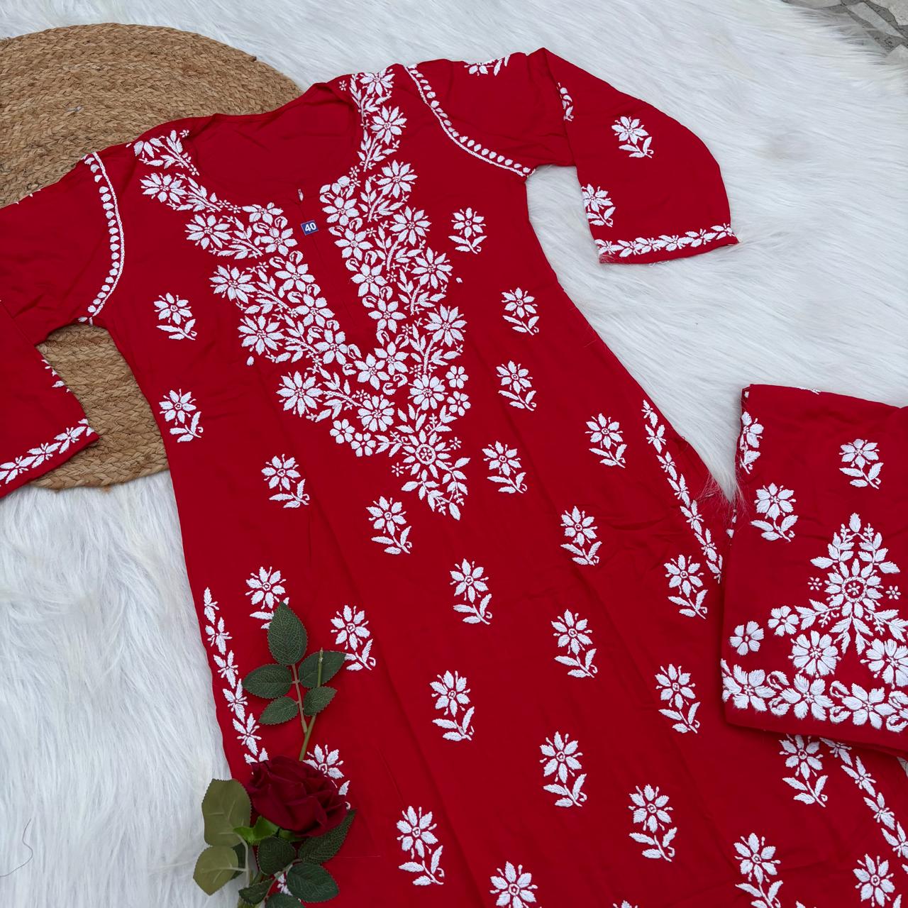 Maya Rayon Chikankari Kurti Plazo Set - Red Colour
