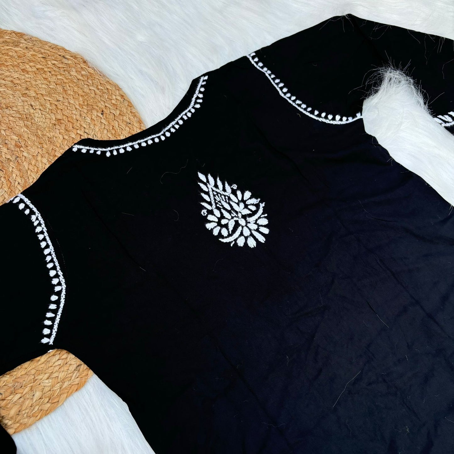 Hiba Soft Rayon Chikankari Kurti - Black Colour - Chikankaar