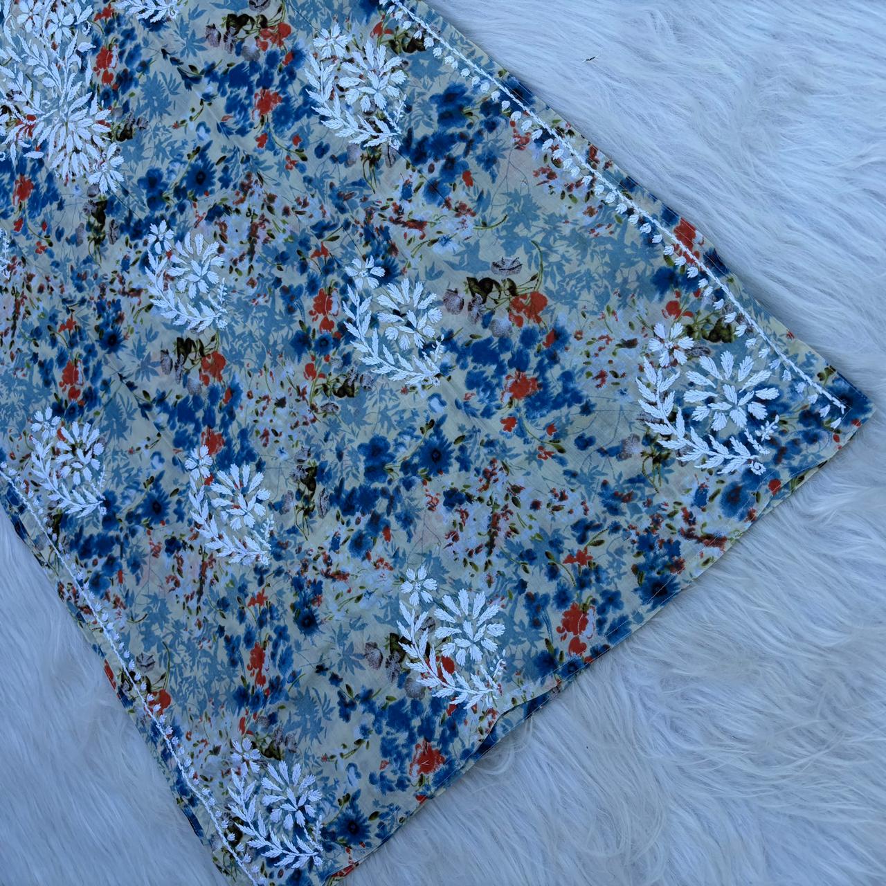 Fatima Pure Mulmul Chikankari Handwork Kurti - Blue Colour