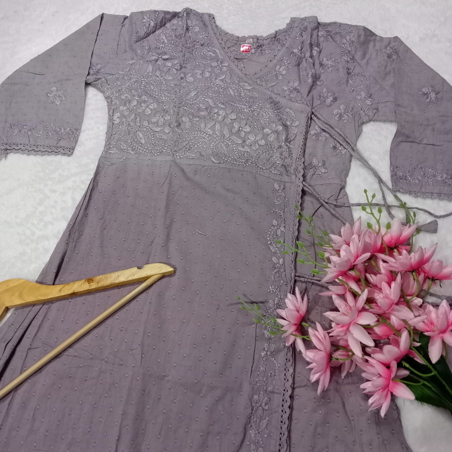 Ombre Shaded Dobby Cotton Chikankari Angarakha -Grey Colour - Chikankaar