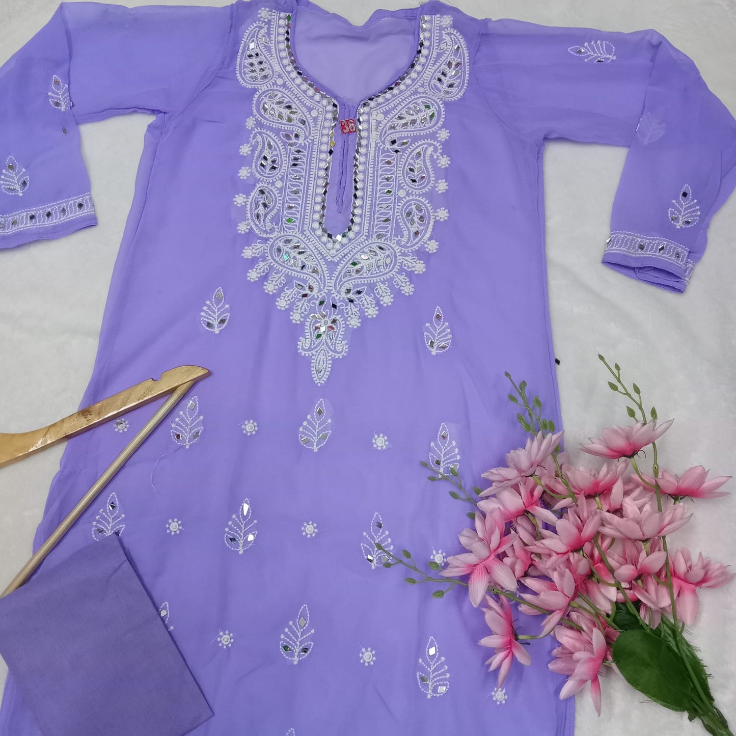 Georgette Mirror Work Chikankari Machine Work Kurti With Inner -Purple Colour - Chikankaar