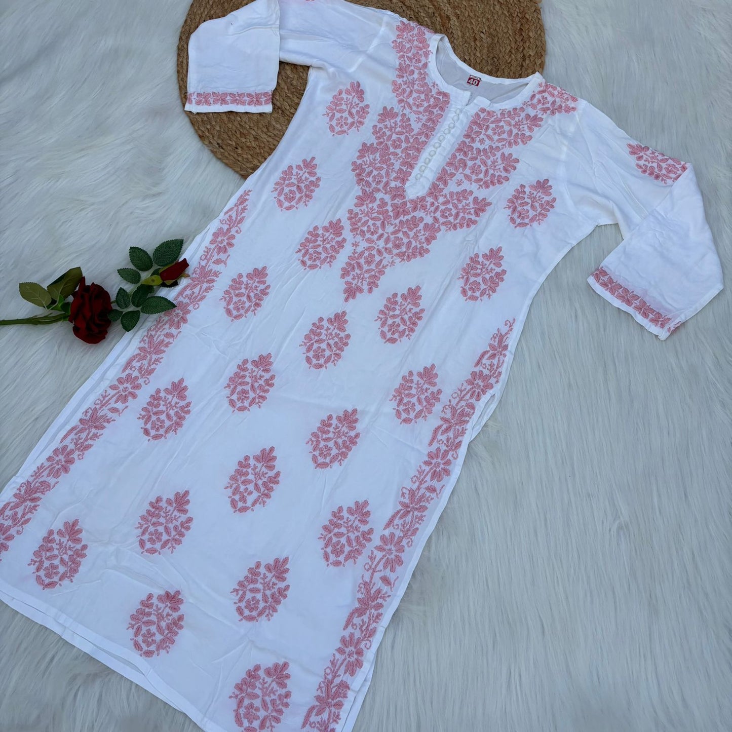 Amira Soft Rayon Chikankari Kurti - Pink on White Color - Chikankaar
