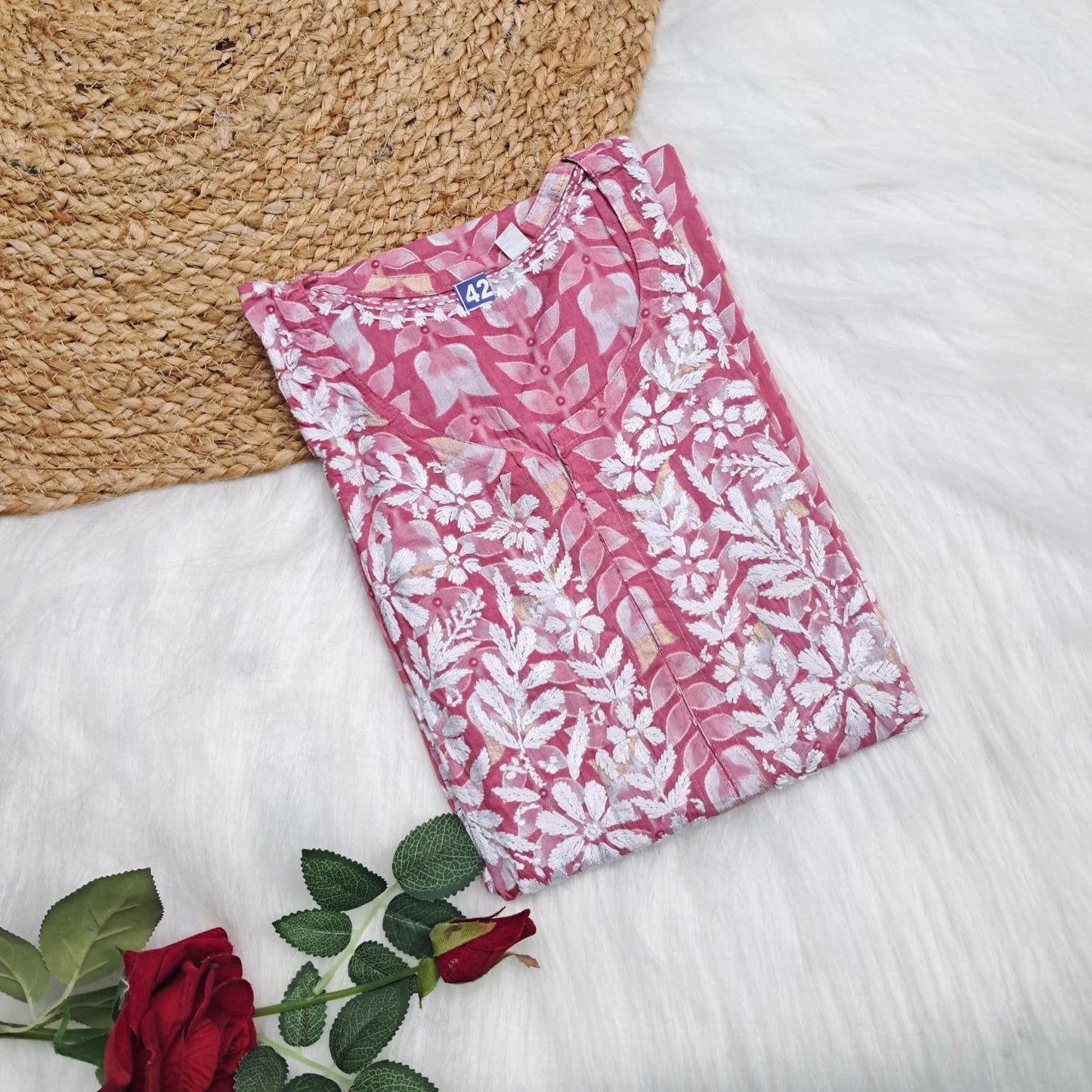 Pure Mulmul Chikankari Handwork Kurti - Pink Colour - Chikankaar