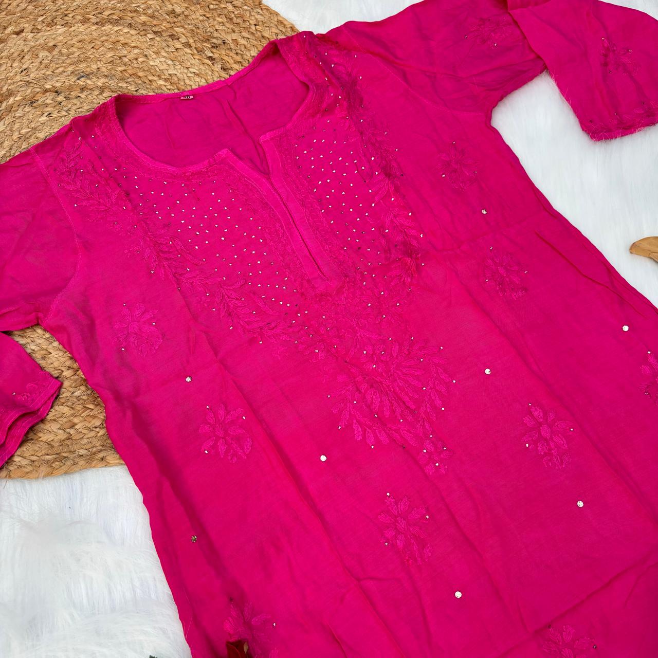 Rakul Preet Inspired Chikankari Muslin Kurti with Mukaish Work - Rani Colour - Chikankaar