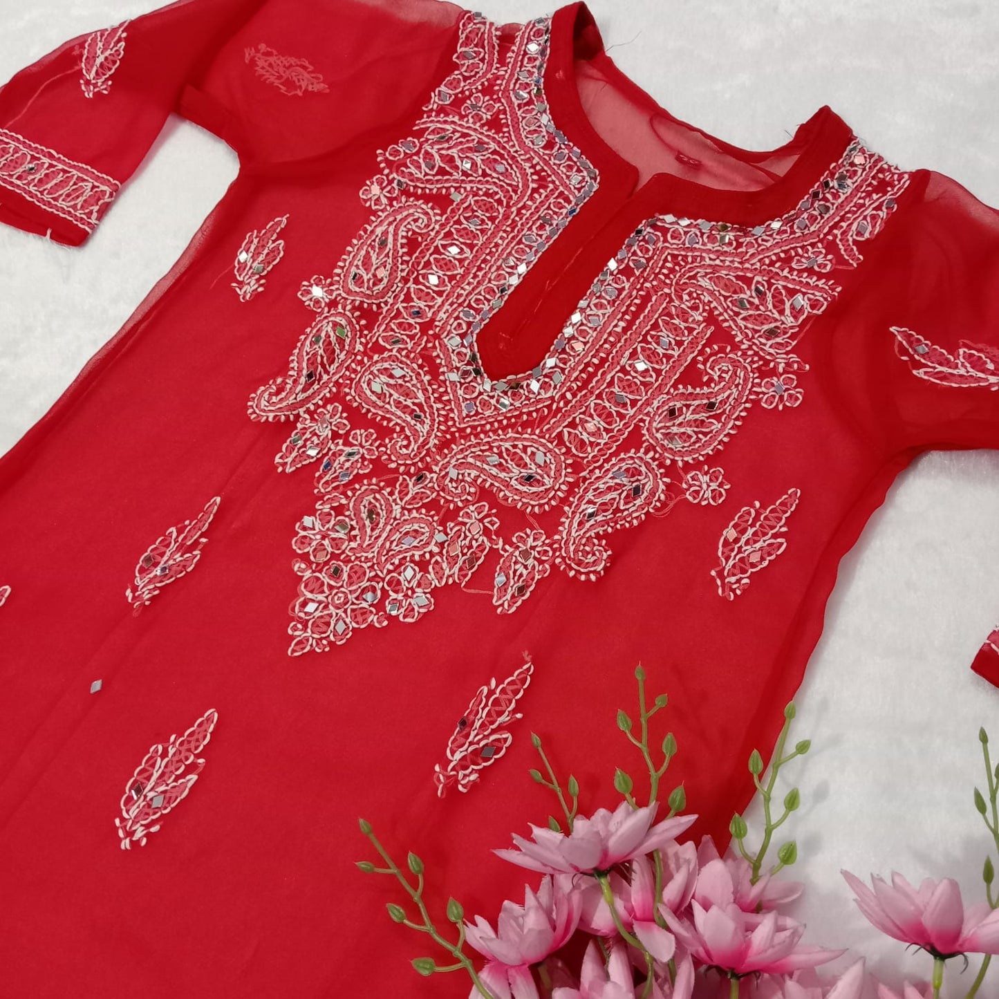 Georgette Mirror Work Chikankari Kurti With Inner- Red Colour - Chikankaar