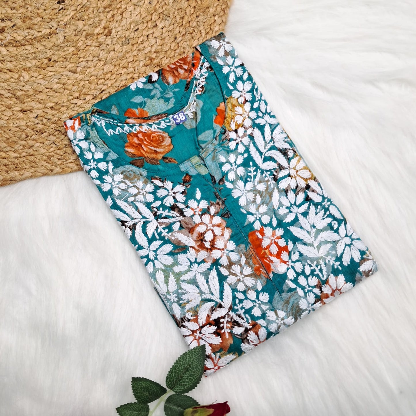 Dhanashree Inspired Mulmul Floral Printed Chikankari Handwork Kurti -Sea Green Colour - Chikankaar