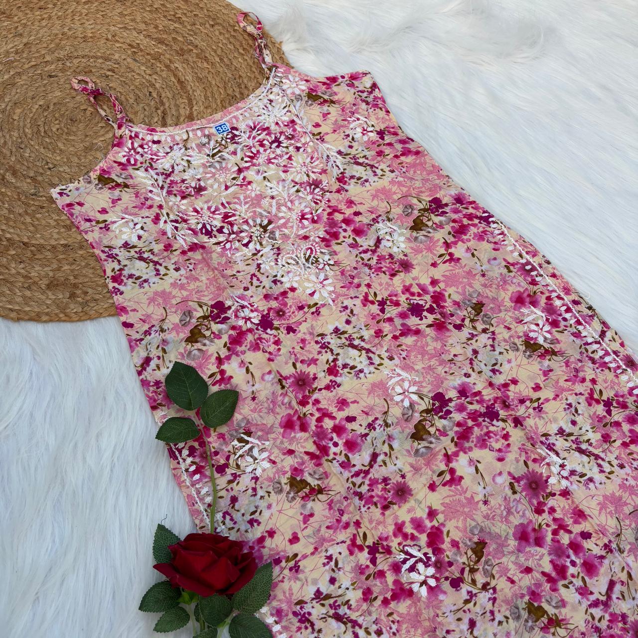 Hana Mulmul Chikankari Noodle Strap Short Kurti -Pink colour (Length - 38")