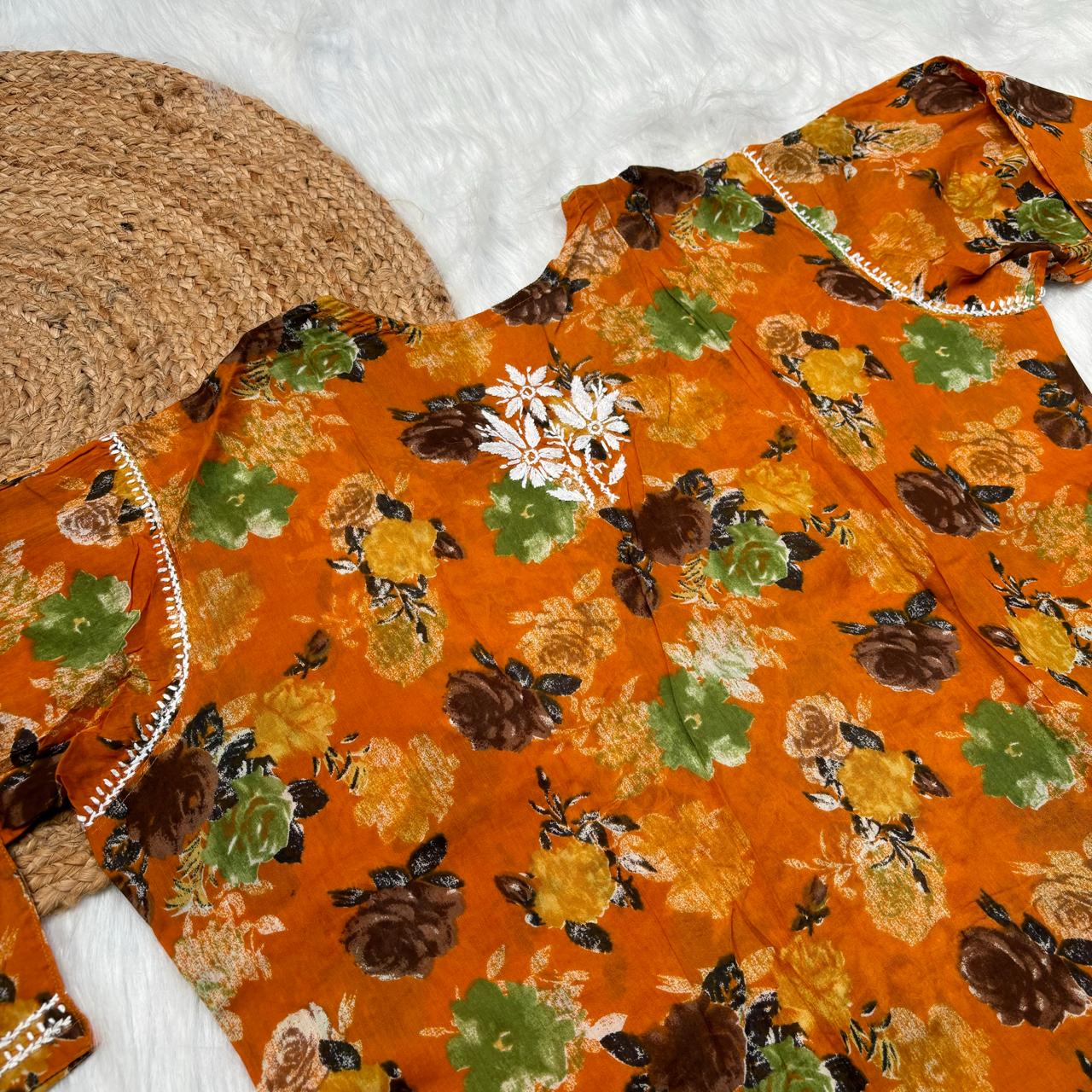 Plus size special-Dhanashree Inspired Mulmul Floral Printed Chikankari Handwork Kurti- Mustard Colour - Chikankaar