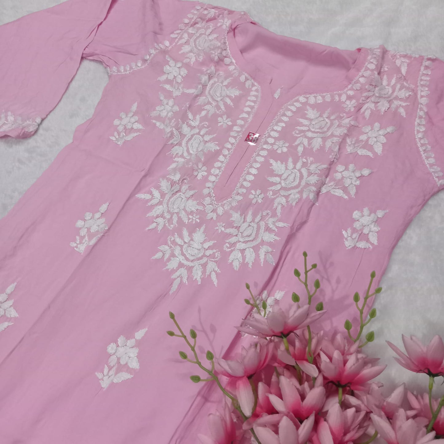 Premium Rose Modal Silk Chikankari Kurti - Baby Pink Color - Chikankaar