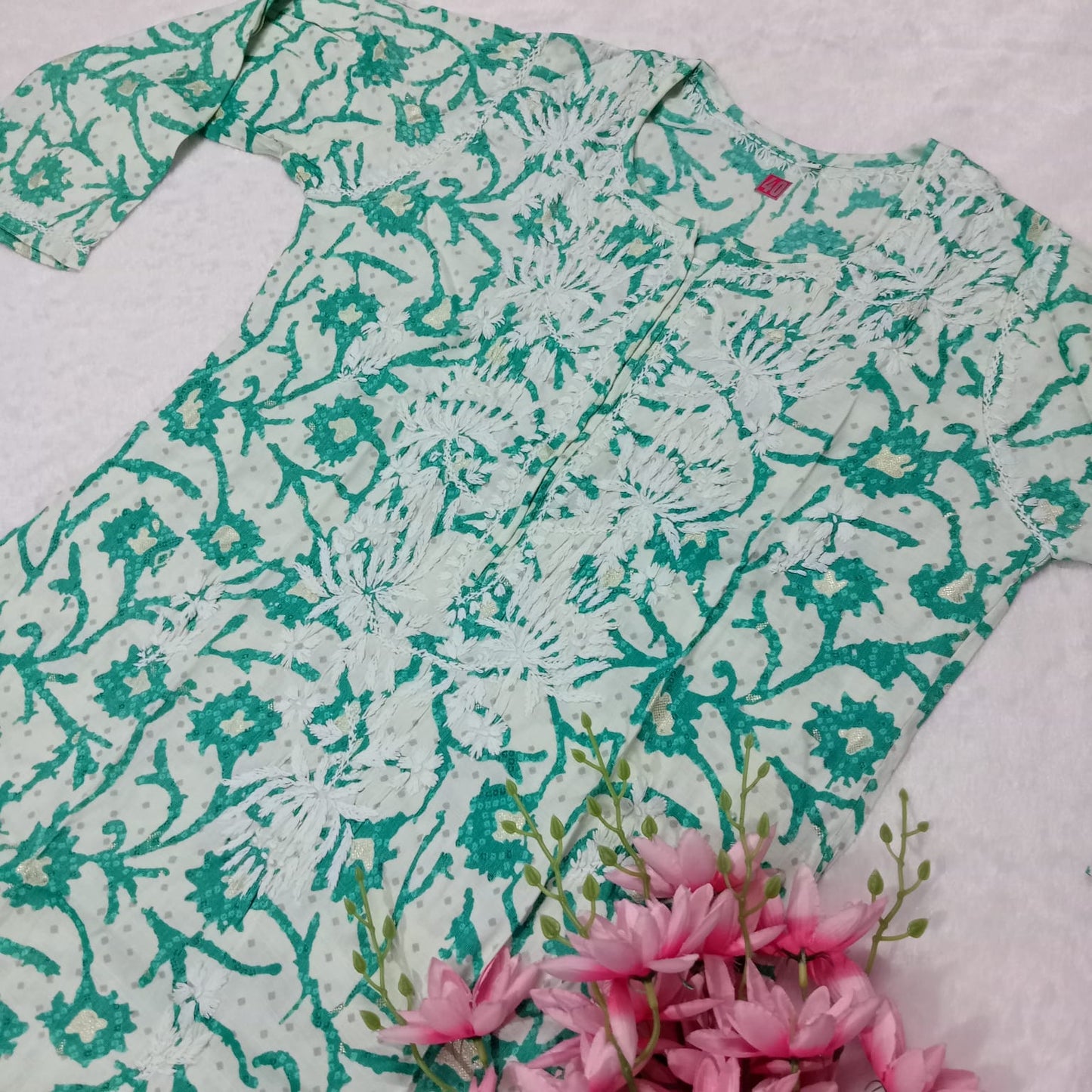 Modal Slub Chikankari Lotus Work Kurti -Sea Green Colour - Chikankaar