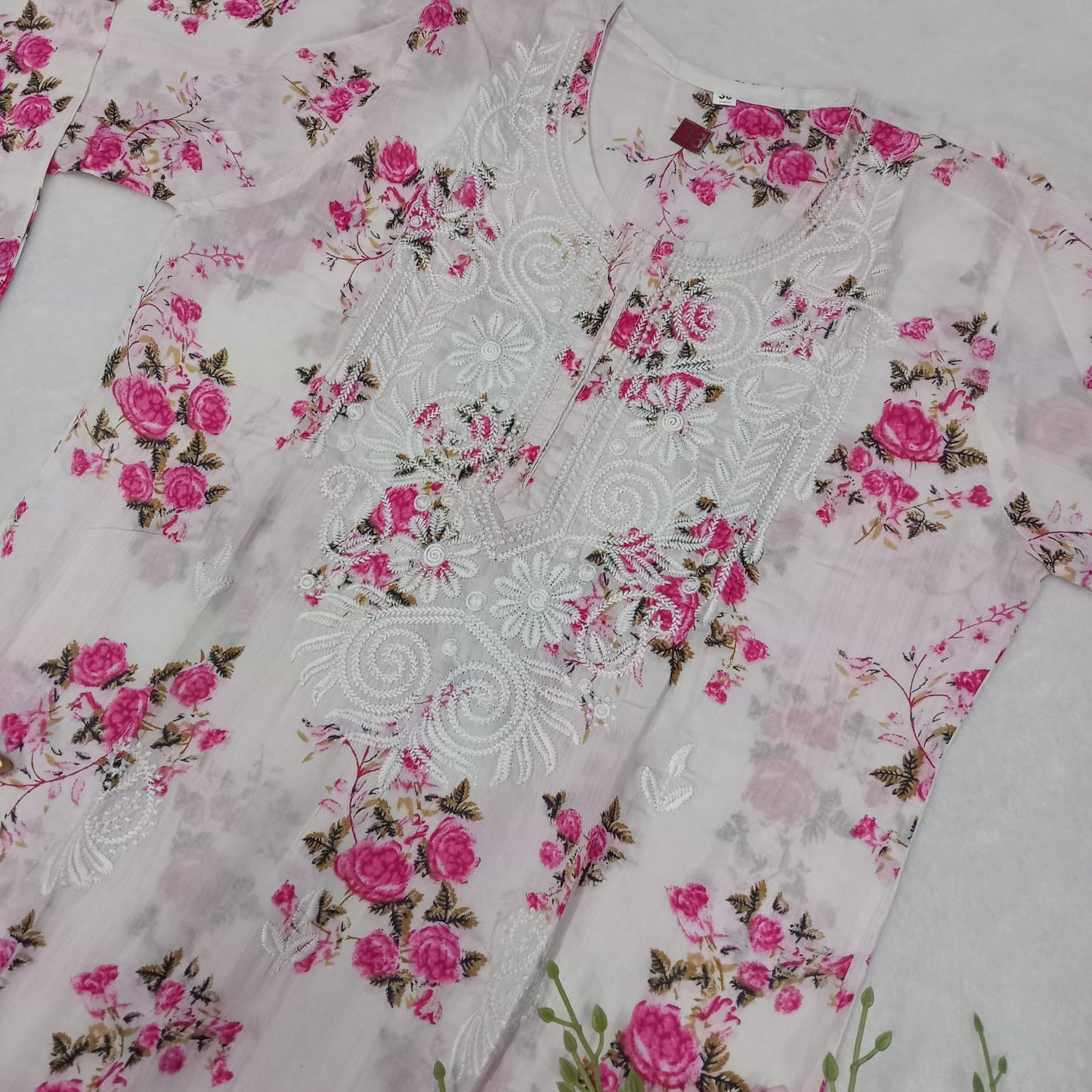 Mulmul Cotton Chikankari Machine Work Kurti - Pink Colour - Chikankaar