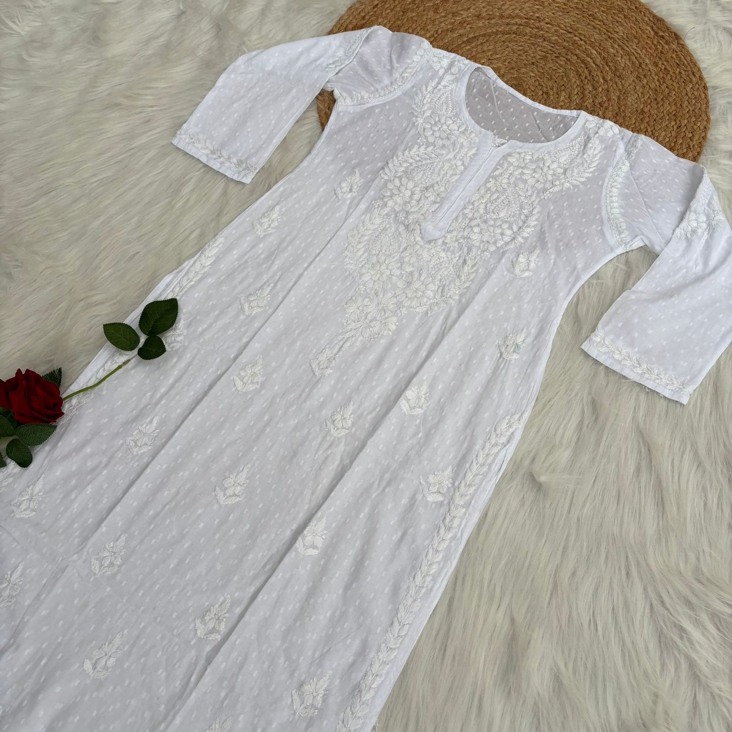 Vani Dobby Cotton Chikankari Kurti - White Colour