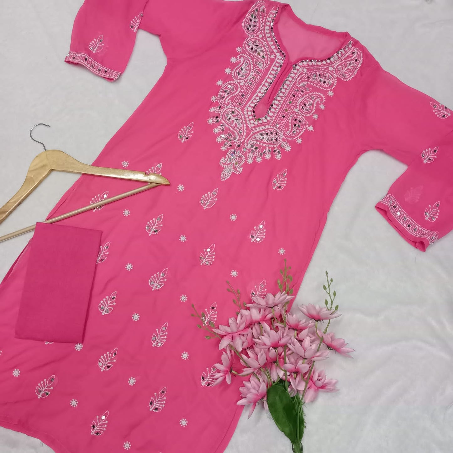 Georgette Mirror Work Chikankari Machine Work Kurti With Inner -Rani Colour - Chikankaar