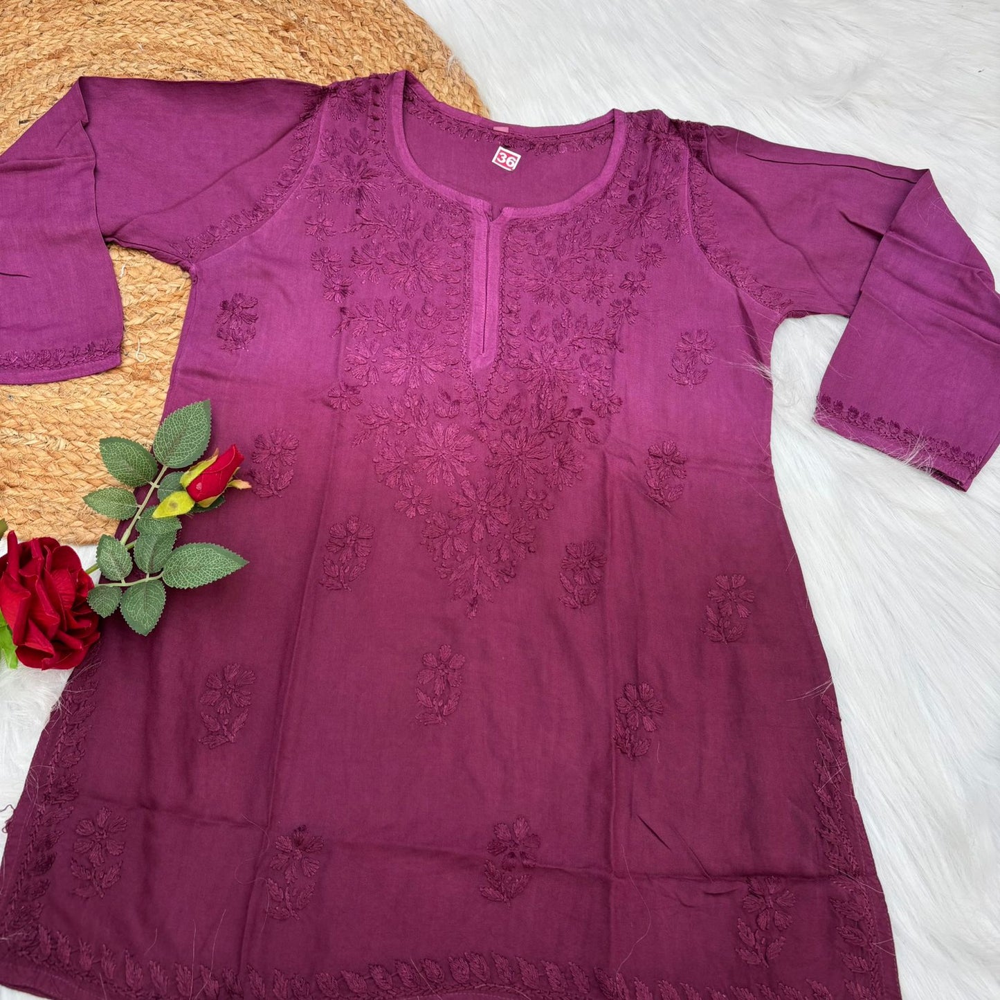 Sofia Ombre Shaded Soft Rayon Chikankari Short Kurti -Wine Colour - Chikankaar